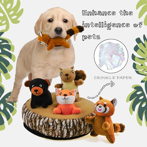 Hide and Seek Dog Toys, Multi-Purpose Interactive Squeaky Puppy Toys with Detachable Non-Slip Base, Treat Dispensing & Flying Disc Fetch, Enrichment Toys for Small Medium Large Dogs - color: Trunk Hideout with 4 animals