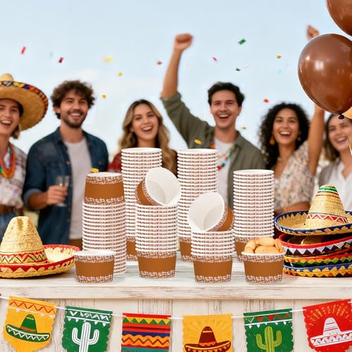 120Pcs 12oz Mexican Cielito Lindo Ice Cream Cups for Hot or Cold Food | De Barro Mexicanos Dessert Bowls Disposable Snack Cups for Mexico Fiesta Cinco De Mayo Baby Shower Wedding Bday Party Favor - style: Brown Dessert Cup
