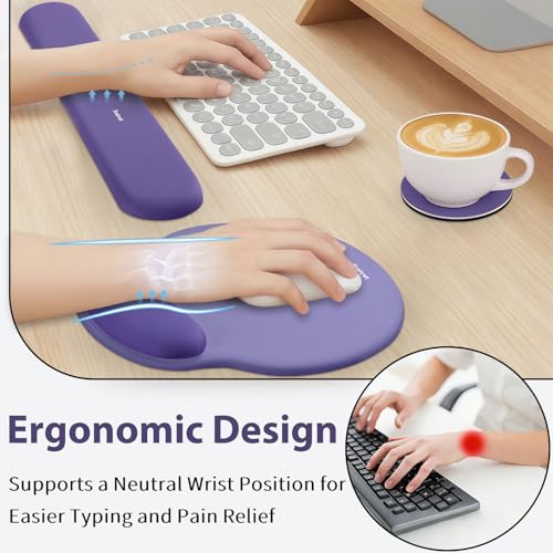 Mouse Pad and Keyboard Wrist Rest, 3-in-1 Gel Memory Foam Ergonomic Mouse Pad with Wrist Rest Set, Gaming Mousepad Arm Cushion Support for Computer Office Desk Accessories Cute Setup, Purple - color: Purple