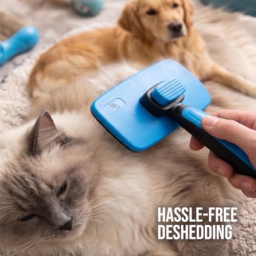 Pet Slicker Brush with Self-Cleaning Button – Deshedding & Grooming Tool for All Hair Types – Safe for Puppy, Kitten & Dogs, Cats, Blue, Hampton Distribution