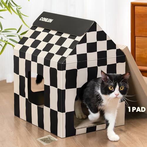 Conlun Large Cat House Scratching Pad Indoor Cave <18 lbs | 2-in-1 cozy cave, heavy-duty recycled cardboard | traps messy crumbs, quick setup | ideal for cats up to 18 lbs - size: Large - 1 Pack