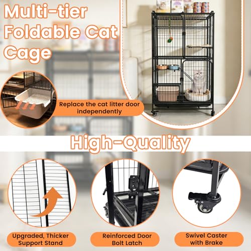 Multi-Tier Collapsible Cat Cage Crate, Metal Wire Cat Enclosures for Indoor | Cat playpen with 360° Wheels and Secure Lock,Large Ferret Kennel for Adult Cats Kitten Chinchilla (Black 4-Tier)