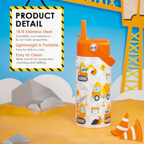 Construction Kids Water Bottle With Straw Lid 12oz Insulated Stainless Steel, Truck Travel Tumbler, Gifts For Boys, Birthday, Christmas, Back To School - color: Construction 1