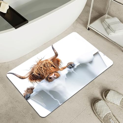 Bath Mat-Bathroom Rug，Bath, Highland Cattle-Absorbent Non Slip Quick Dry Stain Resistant Easy to Clean Care Shower Rug for Bathtub Shower Room 16×24Inch (40 * 60cm) - color: Bath, Highland Cattle-, size: 16 x 24 inches