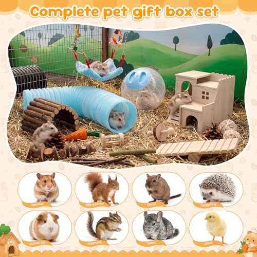 Foilswirl 17 Pcs Hamster Cage Accessory Set, Hamster Toys with Wooden House, Tunnel, Bridge, Natural Chew Toys, Playground Kit for Hamsters, Gerbils, Small Animals