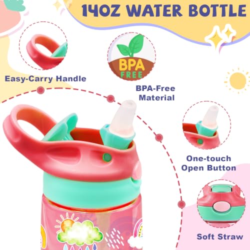 Kids Plastic Water Bottle - Rainbow Water Bottle for Kids, 14oz Plastic Water Bottles with Straw Lid, Leakproof BPA-Free Rainbow Water Bottles for Home Sports Travel, Pop-Up Straw Cover, Pink - color: Rainbow