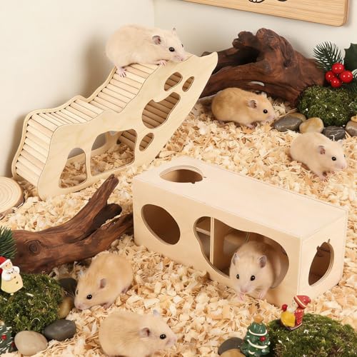 2Pcs Hamster House and Tunnel, Wooden Exploring Tunnel with Ladder, Small Animal Playground Exploring Toys for Rats, Syrian Hamsters, Guinea Pig, Gerbils(Style3) - color: Style3