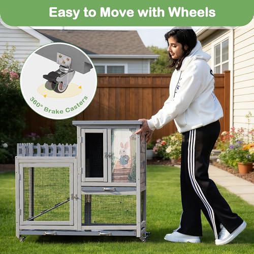 Wood Rabbit Hutch with Balcony Small Animal House Bunny Cage on Wheels | Ideal for multiple small animals, Featuring chewproof ramp & pull-out tray, Suitable for indoor or outdoor use