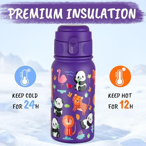 GOPPUS Kids Insulated Water Bottle 12oz, Leakproof Stainless Steel Thermos, BPA Free Double Wall Vacuum Insulated Bottle for School, Travel, Sports & Outdoor Activities, Boys Girls - color: Purple panda