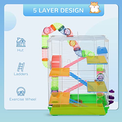 PawHut 18" 5 Tier Hamster Cage w/Tubes and Tunnels for Gerbil Green&White | Small Animal Cage, Portable Carry Handle, Water Bottle, Food Dish, Exercise Wheel - color: Green and White