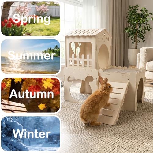 Extra Large Rabbit Castle, Wooden Bunny House & ,Detachable Rabbit Hideaway, Indoor Hamster Castle with Ramp, Small Animal Houses & Habitats for Guinea Pig Chinchilla Ferret(3 House with Sisal Mat) - size: 3 House with 2 Mat
