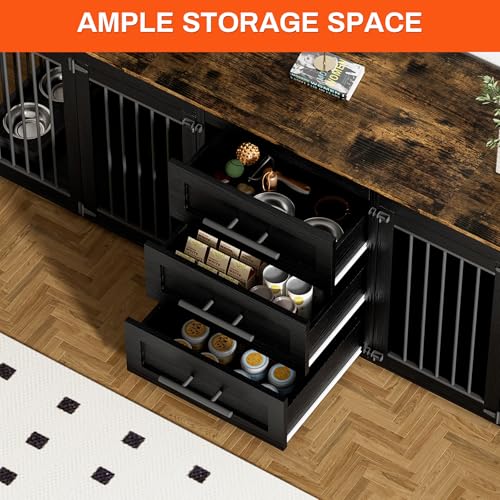 Rophefx 94.5" Dog Crate Furniture for 2 Dogs, Wooden Kennel TV Stand,Black | Indoor double dog house with 3 storage drawers, 4 feeding bowls, lockable doors, and a wide top for large and medium dogs - color: Black