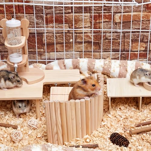 6 Pcs Hamster Cage Accessories Hamster Toys Set, Maze Climbing Ladder Wooden Bridge Tunnel Toy Platform Water Bottle Feeding Bowl Set for Rat Mice Small Animals Habitat