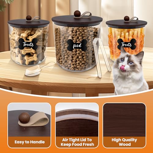 HOYTAMDAR 3 Pack Airtight Dog Treat Containers Bamboo Lids, Dog Treat Jars | Dog Food Storage Container with Scoops, Clamps, Labels and Marker, Dog & Cat Treat Holder - color: Brown - 3 Pack