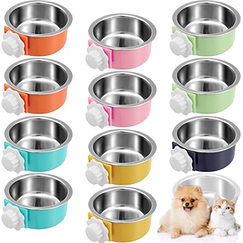 12 Pieces Crate Dog Food Bowls, Removable Stainless Steel Hanging Puppy Kennel Water Bowl Pet Cage Water Feeder Coop Cup for Rabbit, Ferret, Cat, Birds, Rats, Guinea Pigs