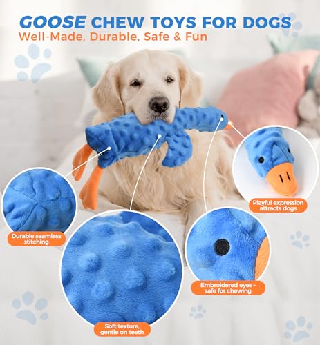 Squeaky Plush Dog Toy for All Breeds, Multifunctional Goose Dog Toy with Honking Sound, Crinkle Paper, Treat Pocket, Durable Soft Stuffed Animal for Chewing, Cuddling, Interactive Play (Blue) - color: Blue