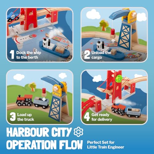 Giant bean 117 Pcs Busy Port City Wooden Train Set for Kids | Expandable & Changeable Wooden Train Track Set Toy, for Boys & Girls Ages 3-14 - color: 117pcs City Train Set