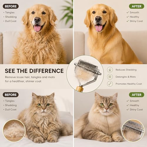 Cat Undercoat Rake & Dematting Comb, Cat Brush for Shedding | Long Haired Indoor Cats & Dogs, Detangling Brush for Matted Fur, Gently Removes Tangles, Knots & Loose Undercoat - color: Medium