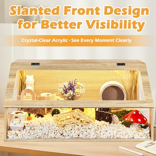 PROLEE Hamster Cage Large Chewproof, 40" x 20" x 20" Sloped Mice and Rat Habitat with Clear View, Solid Built with Lockable Design and Openable Top (White Oak) - color: White Oak