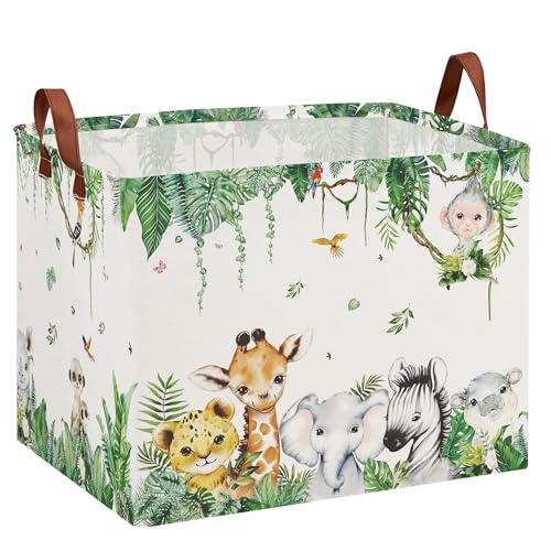 Jungle Safari Nursery Basket -Stackable and Collapsible Animal Basket Hamper ,Freestanding Kid Storage Bin Clothes Book Toy Organizer Bin for Easter Gift( Upgraded Metal Frames) - color: Jungle Safari