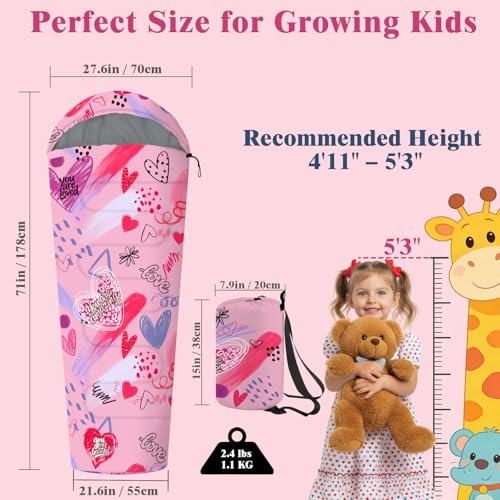 Kids Sleeping Bag for Girls, Portable 3 Season Sleeping Bag | Sleeping bag for girls youth, ideal for sleepovers, travel and camping. Includes a carry bag and is machine washable.