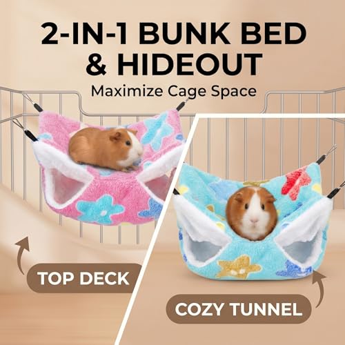 2 Pack Large 13.8x13.8in Rat Hammock for cage, Cozy Ferret Bed and Plush Hamster Hideout, Reliable Guinea Pig Accessories for cage, Great Small Animal beds,Purple, Coffee (Pink, Green) - color: Pink, Green