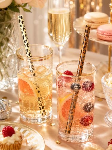10 Pcs Reusable Brown Leopard Straws Long Straws with Cleaning Brushes | Plastic Cheetah Animal Straws Brown Leopard Print Drinking Straws for Tumblers Cups Safari Wild Favors Birthday Party Supply - color: Brown and Yellow