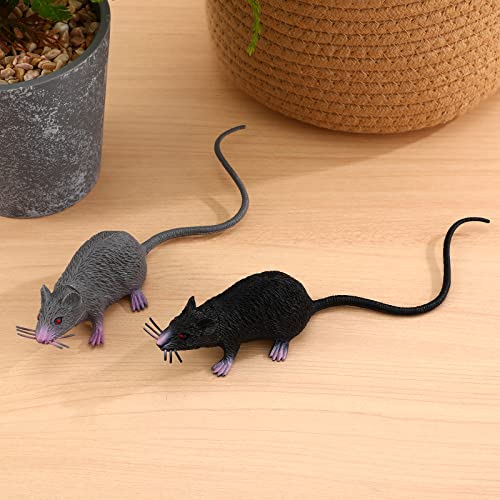 Fake Rat Prank Toy 2 Pack, Realistic Mouse with Long Tails | Lifelike Scary Prop for Halloween Parties, April Fools’ Day Pranks, Haunted House Decor, Non-Toxic Plastic, Black/Gray