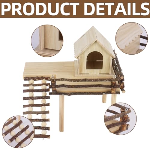 Wooden Hamster House and Platform, Hamsters Platform with Ladder, Hamster Cage Accessories, Cute Small Pets Toy for Hiding Sleeping Activities Habitat Decor