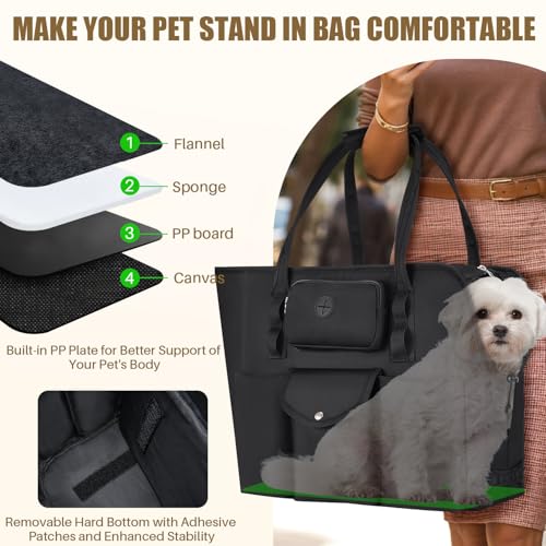 SlowTon Dog Purse Carrier - Portable Dog Carrier with Pockets & Safety Leash for Small Dogs Under 12 lbs, Breathable Pet Tote Bag for Cat Rabbit Outing, Travel, Vet (Black)