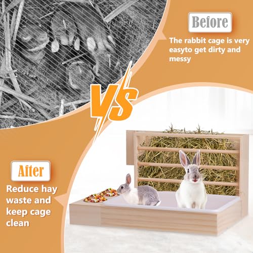 Rabbit Hay Feeder with Litter Box, Bowl Tray for Small Bunnies | Hay Holder Rack with 2 Bowls, Litter Box for Small Animal Guinea Pig Hamster Chinchilla