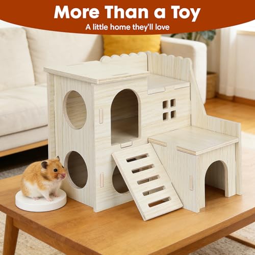 YooxArmor Wooden Hamster Hideout Maze, Natural Wood House with Climbing Ladder, Small Animal Habitat for Dwarf Campbell Robo Hamsters Gerbils