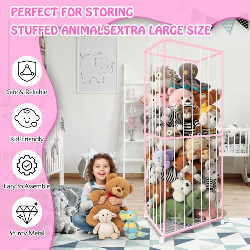 Stuffed Animal Storage, Metal Tube Extra Large Toy Storage Organizer with Brake Wheels, Stuffed Animal Holder Zoo Organizer for Nursery Playroom Kids Room Pink(61” x 23.6”x 16.5”) - color: Pink