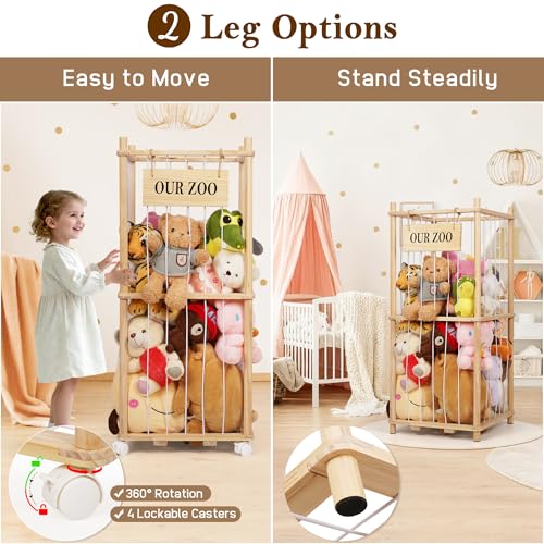 Stuffed Animal Storage Zoo, Wooden Stuffed Animal Organizer with Wheels | Stuffy Storage with Upgraded 5-Row Elastic Cords, Space-Saving Plush Toy Storage Holder for Playroom, Bedroom, Nursery - color: Wood, size: Small