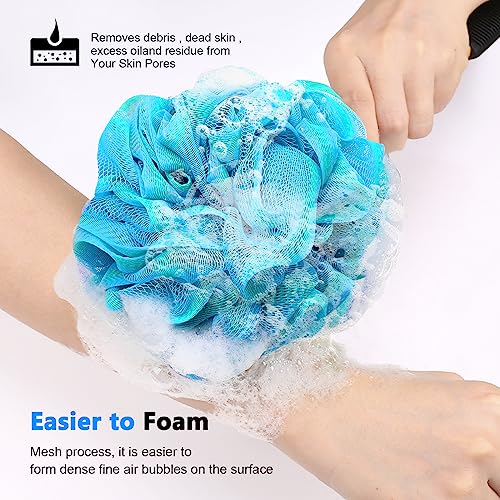 FORENEE Blue and Green Loofah on a Stick, PE Mesh Back Scrubber | Soft PE mesh for rich lather and gentle cleansing; water-resistant coated wood handle, non-slip rubber grip and hanging loop - style: Green Blue