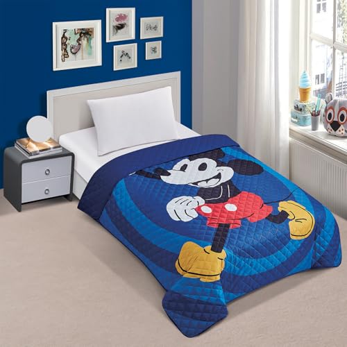 Disney Mickey Mouse Twin Bedding Set - Bundle with Bedspread, Flat Sheet, Fitted Sheet, Pillowcase Plus Stickers, More | Mickey Mouse Bedroom Decor