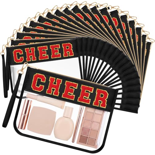 Kacctyen 20 Pcs Black Chenille Letter Cheer Bags Bulk Cheerleader Clear Makeup Bags Snacks Pouch Bulk Preppy Patch Cosmetic Pouch with Wrist Strap Zipper for Travel Team Cheerleaders - color: Black