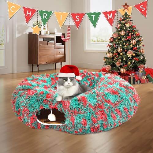 Warm Fluffy Plush Cat Tunnel Bed Under Christmas Tree Big Tube Playground Toys 3 FT Diameter Longer Crinkle Collapsible 3 Way, for Indoor Cat Kitty Kitten Puppy Rabbit Ferret Green-Red - color: Green