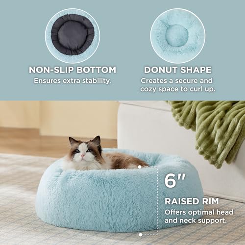Bedsure Calming Cat Beds Donut Round Washable Kitten Bed,20 inches | Fluffy Faux Fur Cuddler,Anti-Slip Bottom,Anti-Anxiety,Deep Sleeping for Cats&Small Pets Up to 15 Lbs,Aqua Blue - color: Aqua Blue, size: 20"L x 20"W x 6"Th