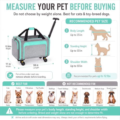 Airline Pet Carrier with Wheels, 18x11x11 for Cats & Toy Dogs | Soft-sided nylon under-seat bag, removable wheels, expandable mesh, cats & toy-breed dogs, measure pet before buying - color: Green
