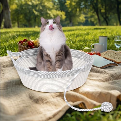 Cotton Rope Woven Cat Bed Basket, Hand Woven with Toy Tail, Small Dogs & Puppies Sleeping Bed, Indoor Cat & Rabbit Basket (Large, Gray & White) - color: Gray & White, size: Large