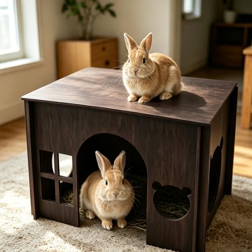 Large Sturdy Wooden Rabbit Castle Hideout with Spacious Balcony, Detachable Bunny Playhouse Hideaway Cage Accessories, Indoor Habitat Toys for Guinea Pig Chinchilla Hamster Gerbil Small Animals - color: Walnut Style 2, size: Large