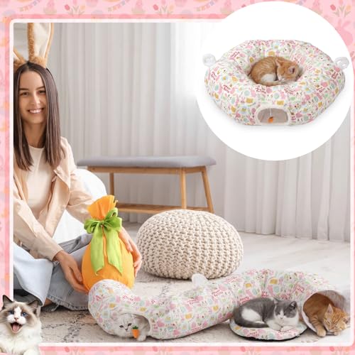 Aliceset Easter Bunny Cat Tunnel Bed for Indoor Cats 3ft x 3ft x 10in Foldable Cat Donut Tunnel with Washable Cushion Easter Rabbit Peekaboo Cave Toy for Small Kitten Kitty