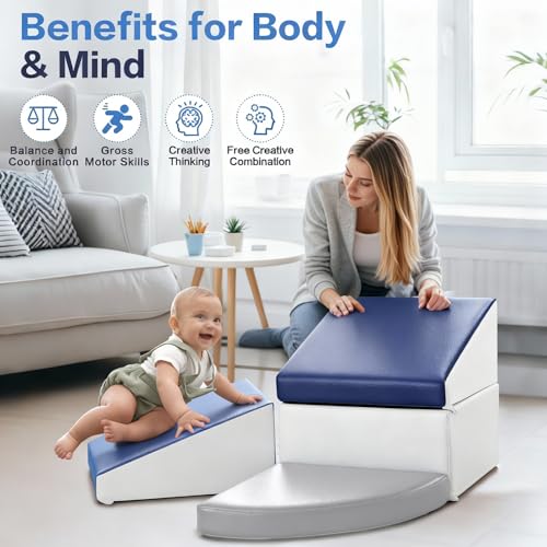 Sumbababy Climbing Foam Blocks for Toddlers: PU Leather Foam Blocks for Kids Active Play - Toddler Climbing Toys Indoor - Durable Playground Gym Preschool Toddler Toys for Boys and Girls - style: Navy/Haze Blue