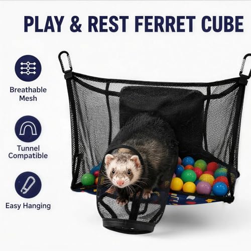 Ferret Ball Pit Hammock, Hanging Ferret Bed Cage Toy with Tunnel Compatible, Mesh Ferret Accessories for Small Animals, No Balls Included
