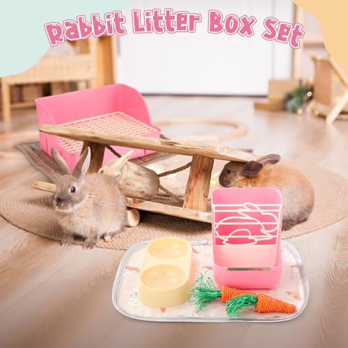 Honeydak 10 Pcs Rabbit Starter Kit Small Litter Box Bunny Grooming Kit Scratch Pads Hay Feeder Bowl Ice Pad with Bunny Toys for Guinea Pig Rabbit Accessories(Pink) - color: Pink