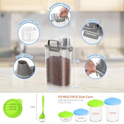 TBMax Small Dog Food Storage Container 3 Qt with Cat Food Can Cover and Mixing Spoon, Portable Travel Pet Food Dispenser with Large Spout and Cup - color: Grey 3Qt