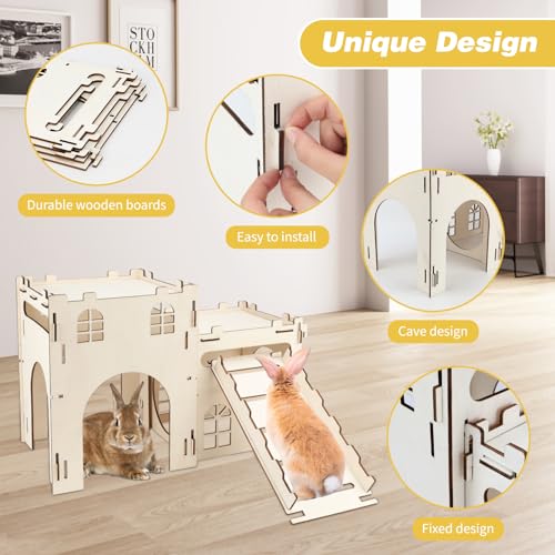 BWOGUE Wooden Bunny Castle Hideout, Extra Large Bunny House with Stairs | Bunny Houses and Hideouts, Split Balcony, Detachable Stairs, Ventilated Design, Indoor Rabbits Guinea Pigs and Chinchillas - style: 2 House and 1 Ladder