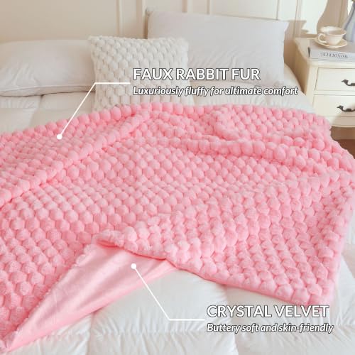 XeGe Luxury Bubble Fluffy Faux Rabbit Fur Bed Blanket Queen, Sweet Pink | 90"x90", Double-Sided, Hypoallergenic, No-Shed, Machine Washable, Pretty Comfy Fuzzy Blanket for Kids Teens Girls Women Mom - color: Pink, size: Queen (90" X 90")