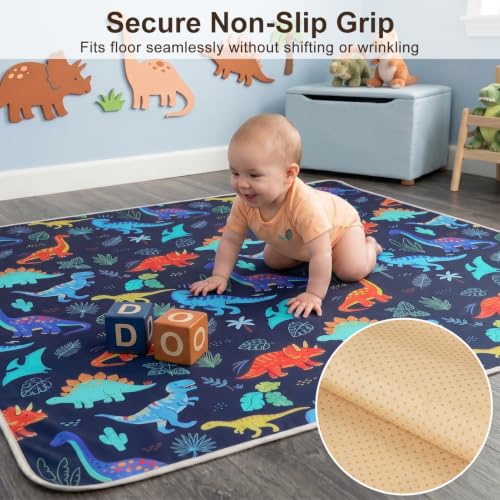 Basumee Splat Mat for Under High Chair, Waterproof & Mess-Proof Floor Mat | 46"×42" Baby Splash Mat, Non Slip Bottom, 4-Layer Fabric, Food & Liquid Catcher, Machine Wash for Boy Girl, Meals, BLW, Craft - color: Navy Dinosaur, size: 46x42 Inches
